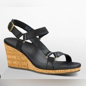 Teva Black Leather Cork Wedge Sandals